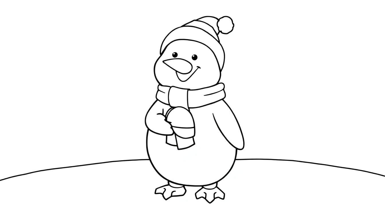 Um pinguim de desenho animado sorridente em preto e branco, vestindo chapéu listrado e cachecol, segurando uma luva, em pé sobre uma colina de neve. Um color panel para colorir.