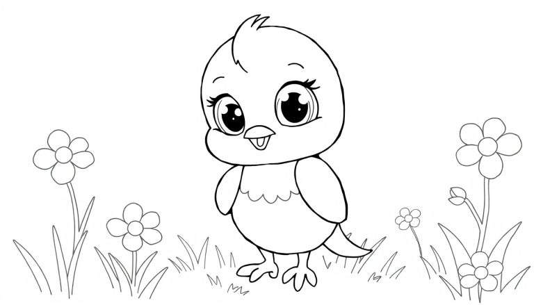 Desenho de um pintainho fofo em um campo de margaridas, pronto para colorir em um painel de cores.
