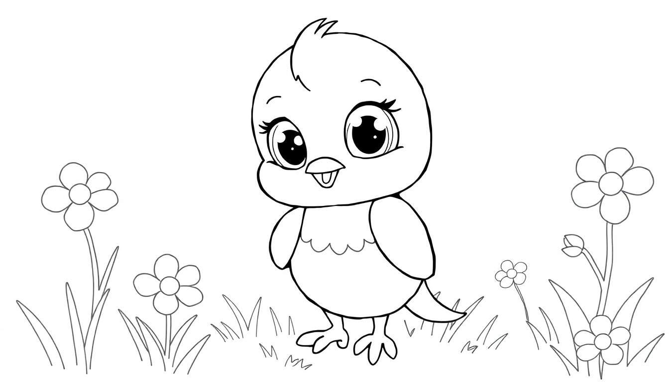 Desenho de um pintainho fofo em um campo de margaridas, pronto para colorir em um painel de cores.