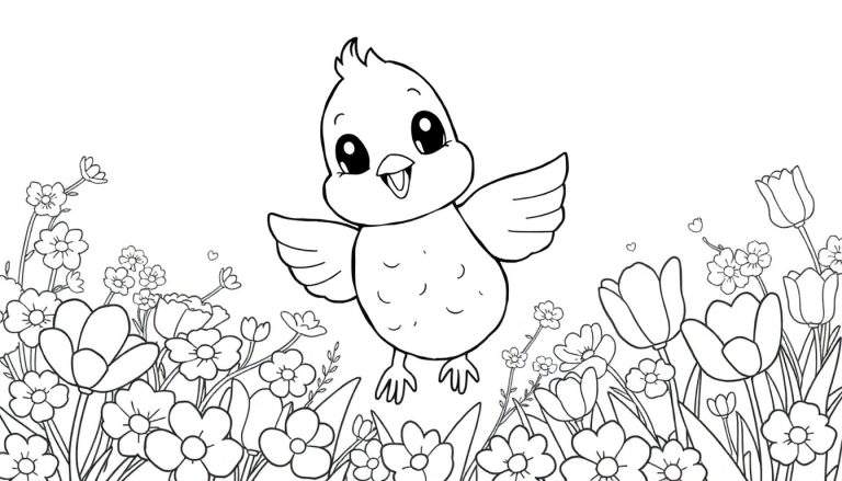 Um pintinho fofo em um color panel com flores e corações.