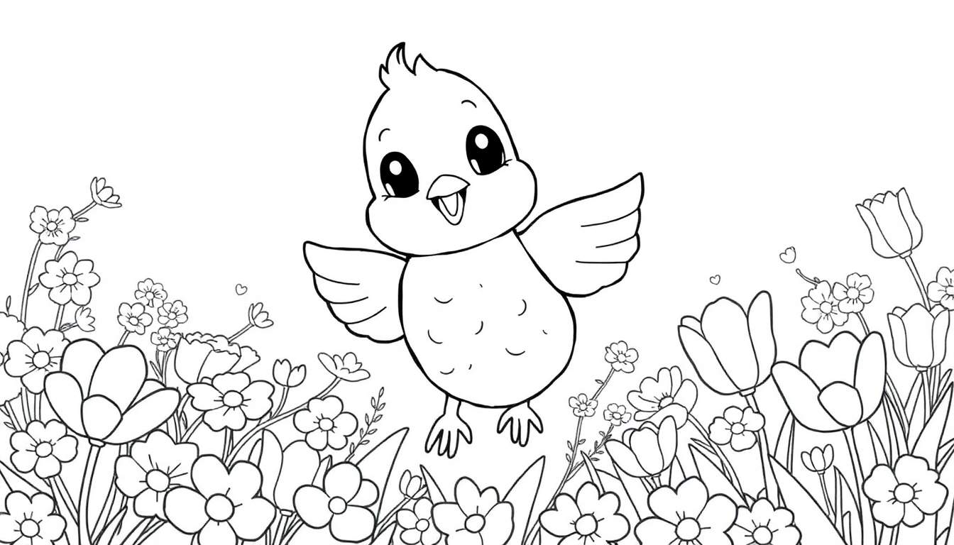 Um pintinho fofo em um color panel com flores e corações.