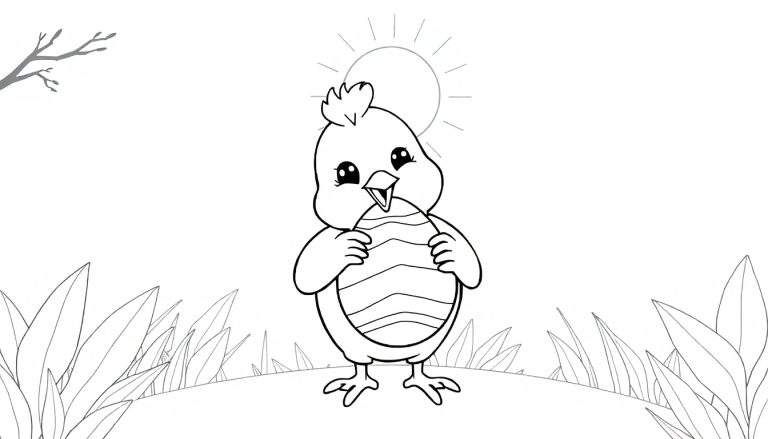Desenho de um pintinho segurando um ovo de Páscoa, com sol e árvore, para colorir.