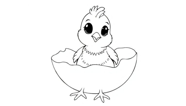 Um pintinho fofo em preto e branco saindo de um ovo rachado, um desenho para colorir.