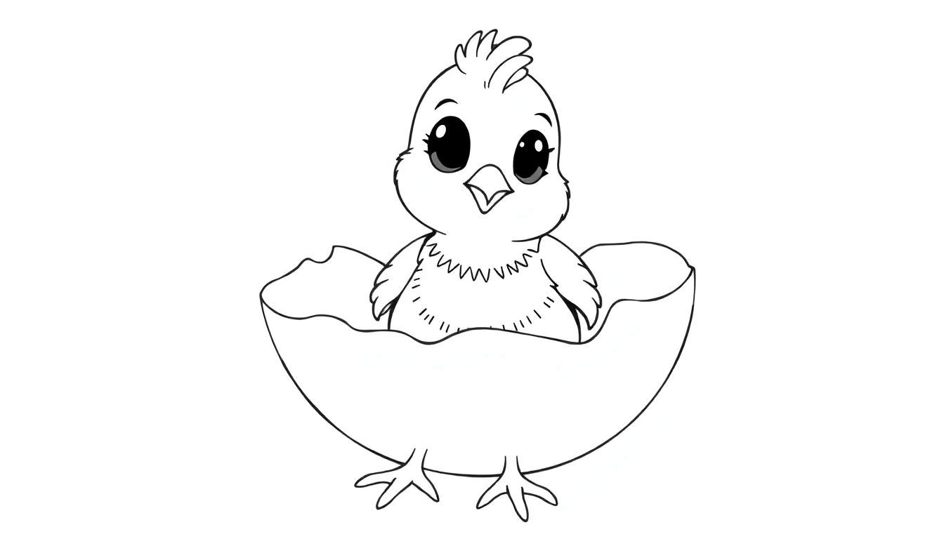 Um pintinho fofo em preto e branco saindo de um ovo rachado, um desenho para colorir.