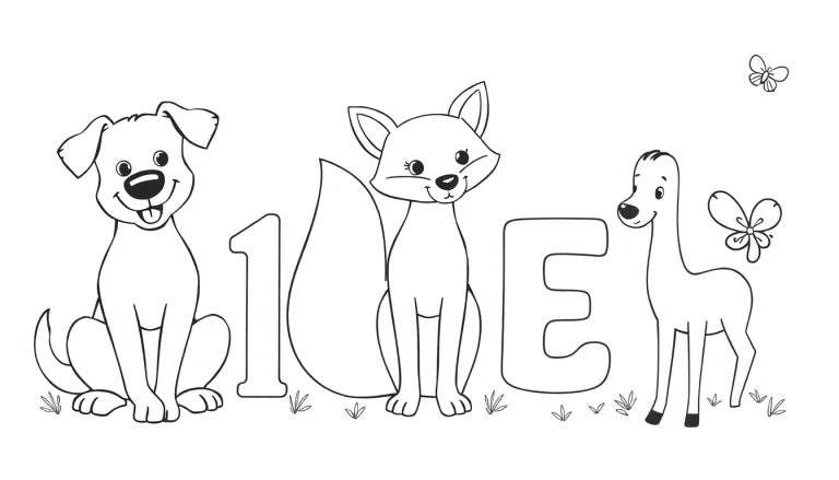 Uma pintura para colorir de um cachorro, raposa e cervo formando a palavra LIFE.