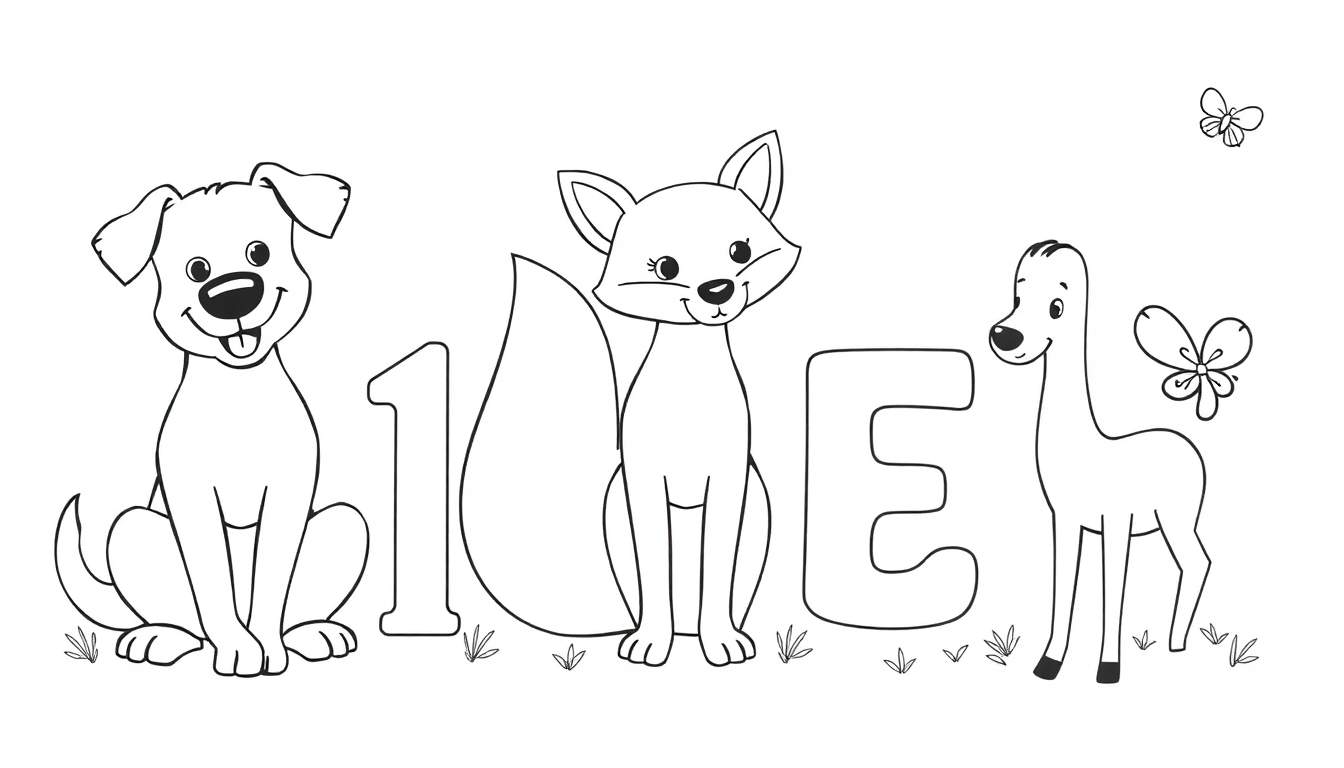 Uma pintura para colorir de um cachorro, raposa e cervo formando a palavra LIFE.