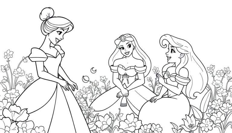 Uma pintura para colorir de Cinderela, Aurora e Ariel num jardim florido.