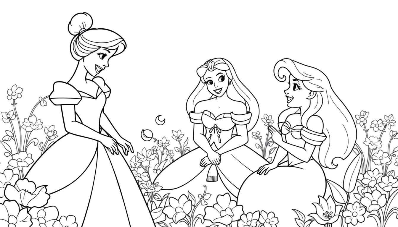 Uma pintura para colorir de Cinderela, Aurora e Ariel num jardim florido.