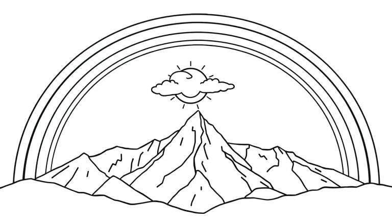 Uma pintura para colorir com um grande arco-íris sobre montanhas e um sol escondido.