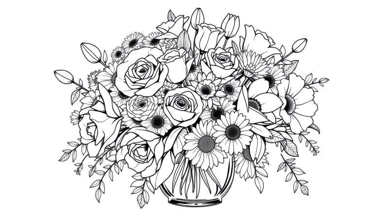 Um desenho linear preto e branco de um buquê de flores diversas, incluindo rosas, tulipas e margaridas, num vaso com linhas elegantes. É uma pintura para colorir.