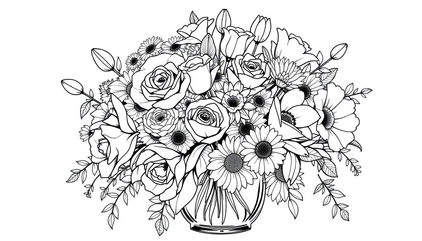 Um desenho linear preto e branco de um buquê de flores diversas, incluindo rosas, tulipas e margaridas, num vaso com linhas elegantes. É uma pintura para colorir.