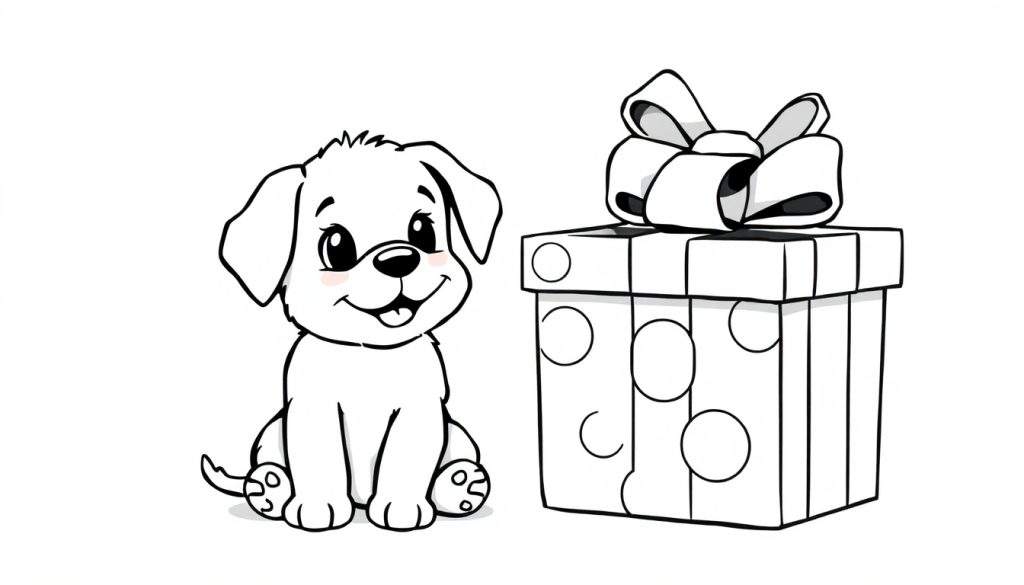 Uma pintura para colorir de um cachorrinho feliz ao lado de um presente.