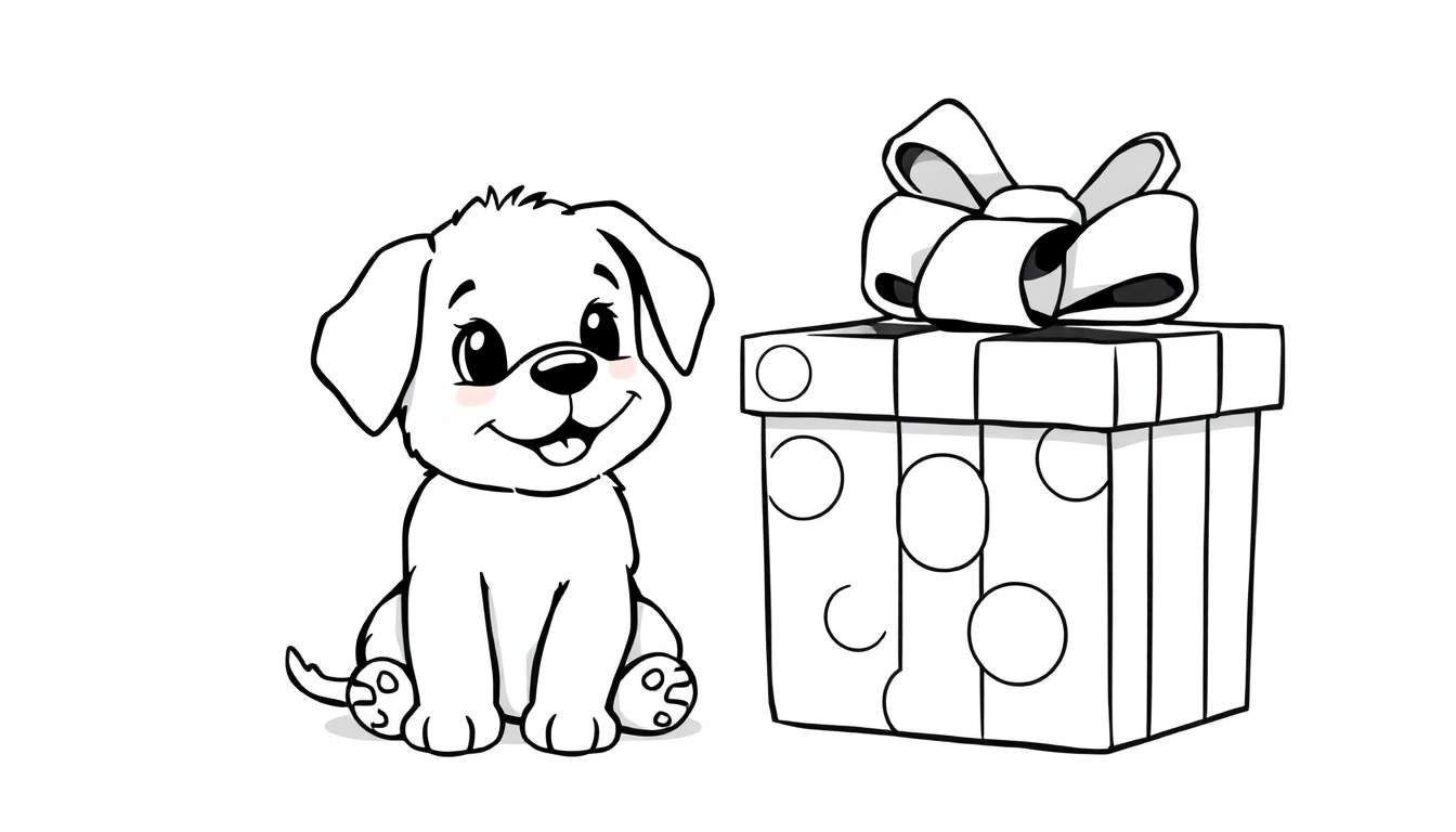 Uma pintura para colorir de um cachorrinho feliz ao lado de um presente.