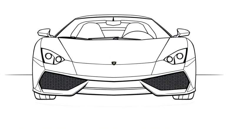 Uma pintura para colorir de um carro desportivo Lamborghini à frente, com linhas pretas e fundo branco.