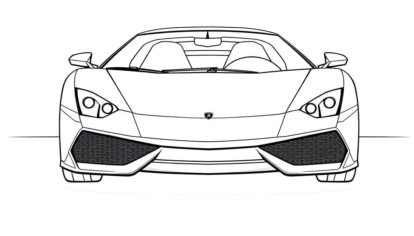 Uma pintura para colorir de um carro desportivo Lamborghini à frente, com linhas pretas e fundo branco.