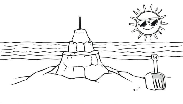 Pintura para colorir de uma cena de praia com um castelo de areia, pá, sol sorridente e ondas do mar.