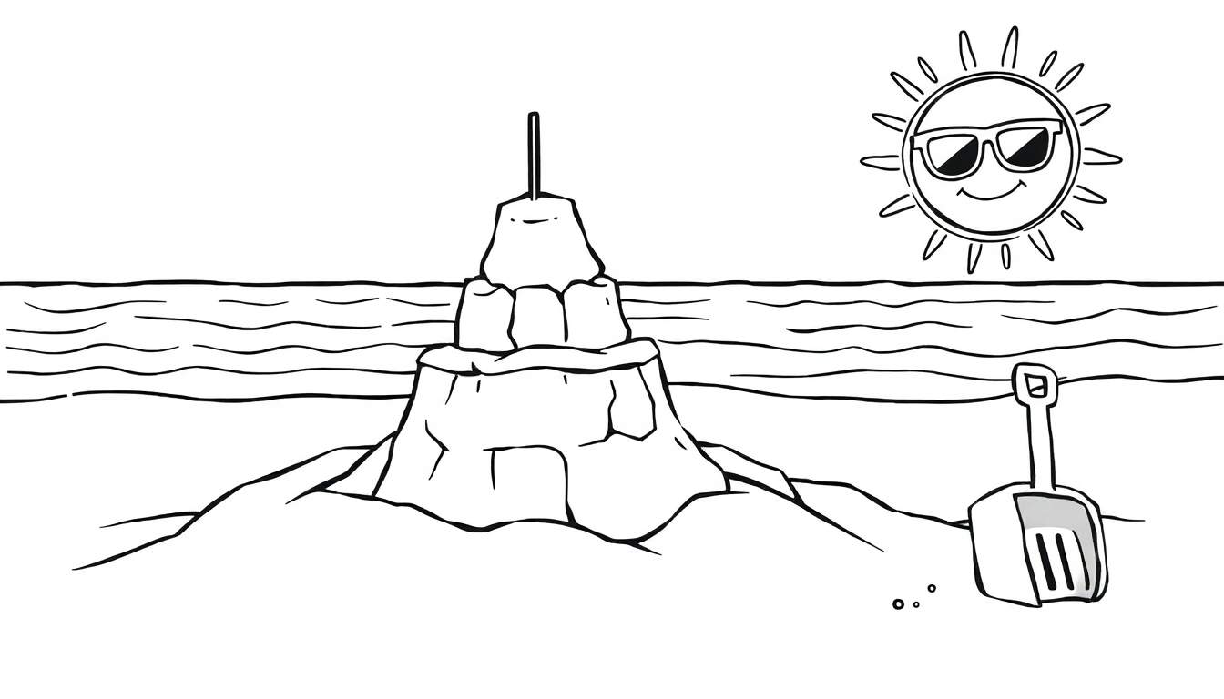 Pintura para colorir de uma cena de praia com um castelo de areia, pá, sol sorridente e ondas do mar.