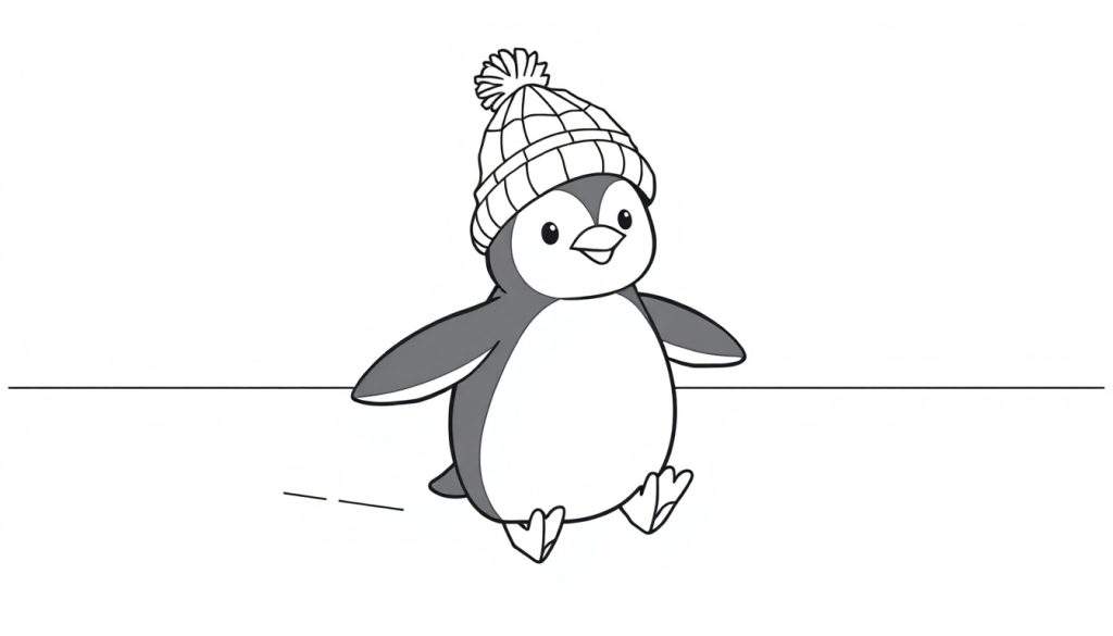 Pintura para colorir de um pinguim sorridente com gorro de inverno.