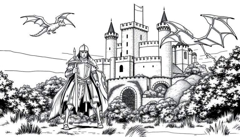 Pintura para colorir de um cavaleiro medieval com lança em frente a um castelo, com dois dragões no céu.