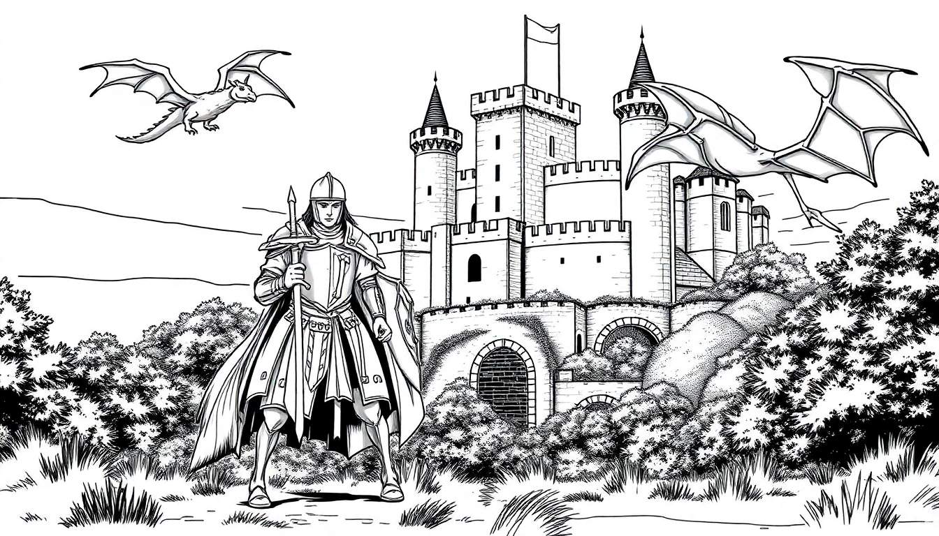 Pintura para colorir de um cavaleiro medieval com lança em frente a um castelo, com dois dragões no céu.