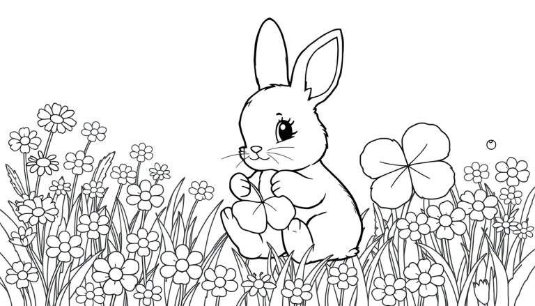 Coelhinho bebê fofo sentado num campo de flores, mordiscando um trevo, linhas pretas grossas, estilo infantil, pintura para colorir, fundo branco.
