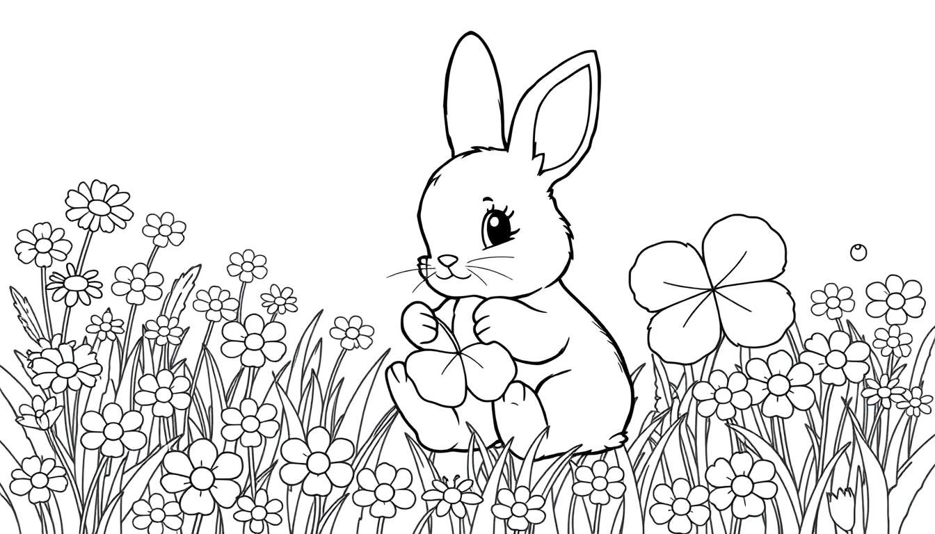Coelhinho bebê fofo sentado num campo de flores, mordiscando um trevo, linhas pretas grossas, estilo infantil, pintura para colorir, fundo branco.