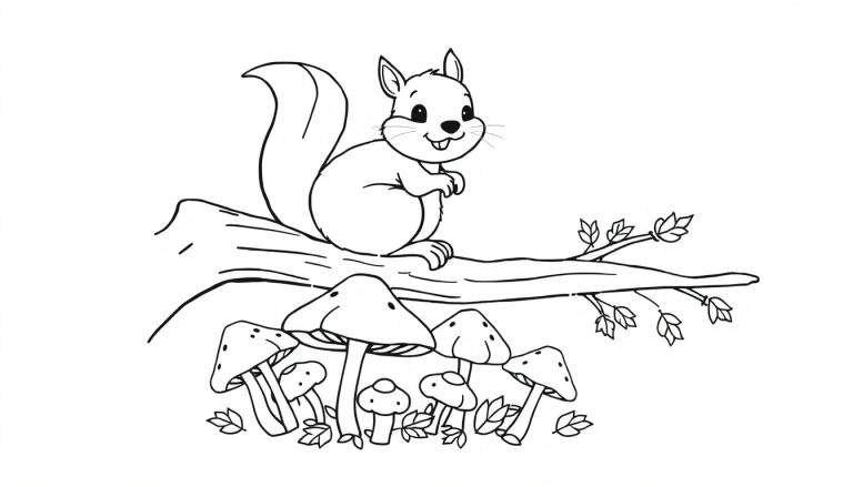 Pintura para colorir de um esquilo sorridente num galho com cogumelos abaixo.