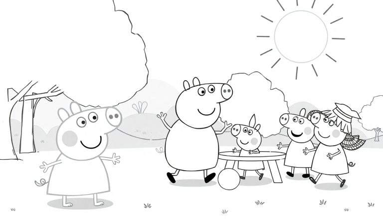 Desenho em preto e branco de Peppa Pig e sua família em um piquenique, em estilo de livro de colorir.