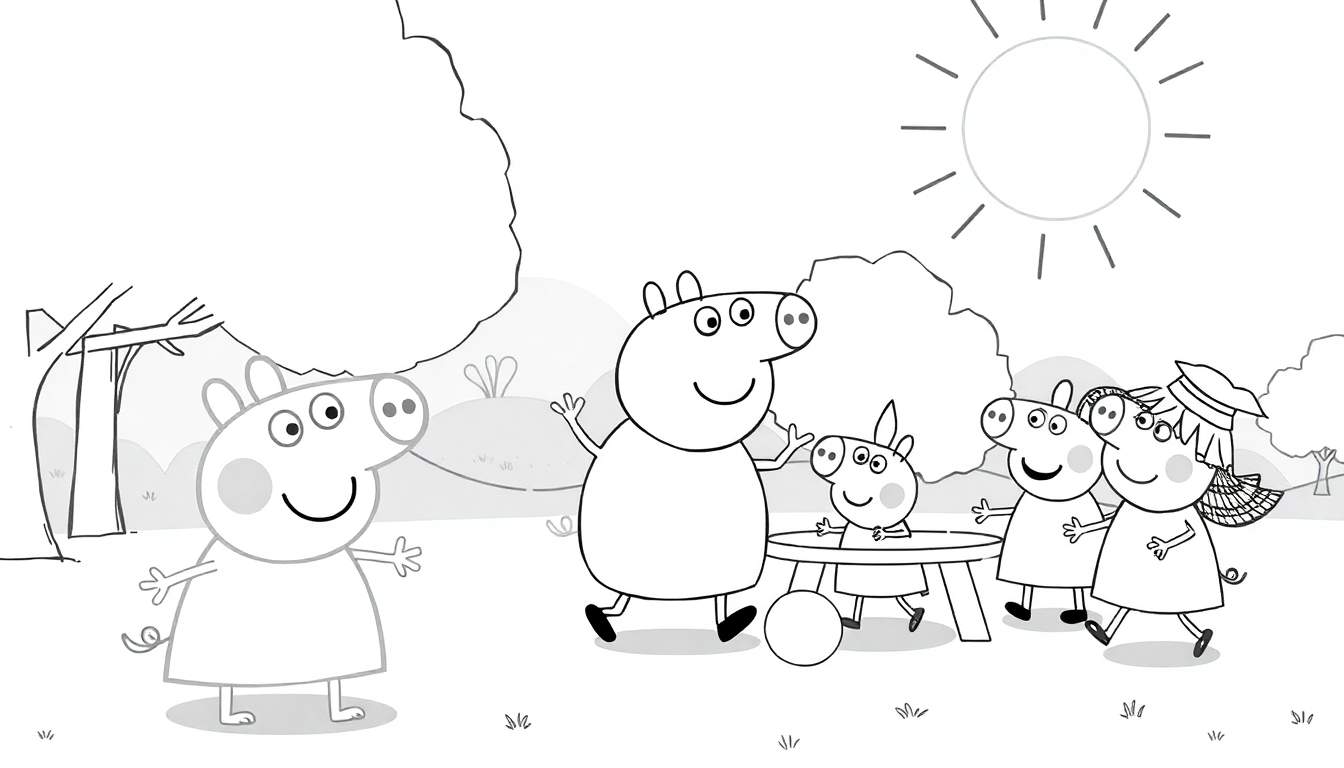 Desenho em preto e branco de Peppa Pig e sua família em um piquenique, em estilo de livro de colorir.