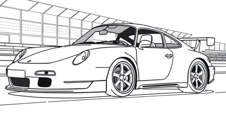 Um Porsche 911 clássico preto e branco numa pista de corrida, com barreiras no fundo.