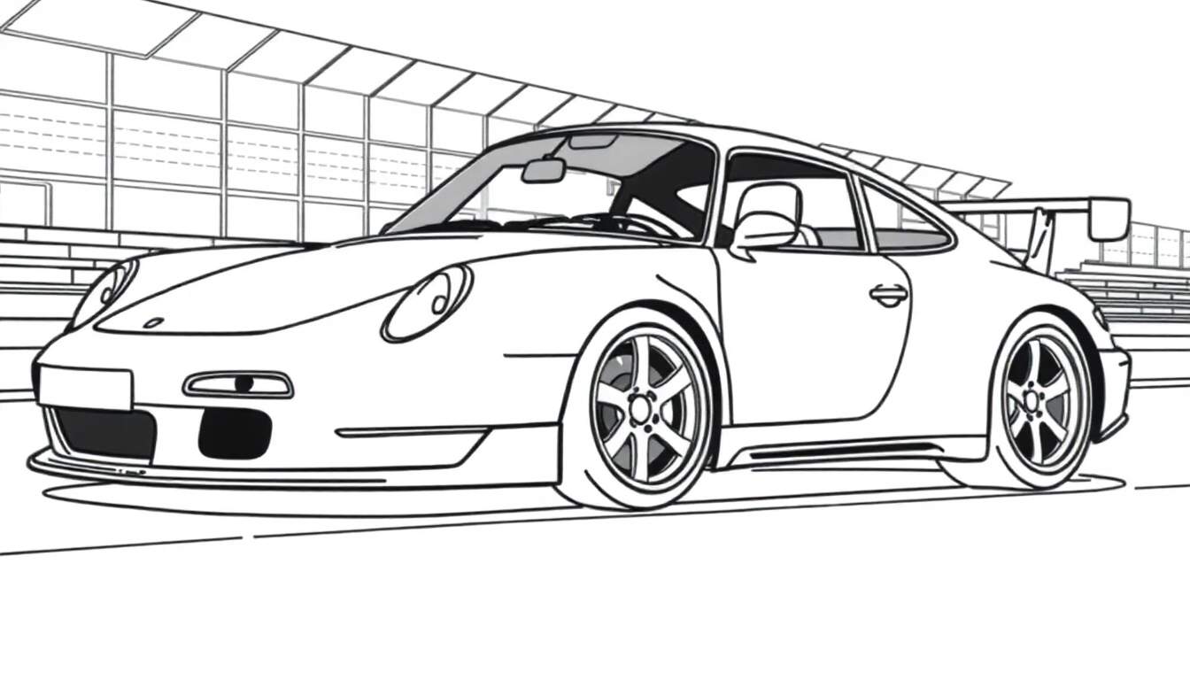 Um Porsche 911 clássico preto e branco numa pista de corrida, com barreiras no fundo.