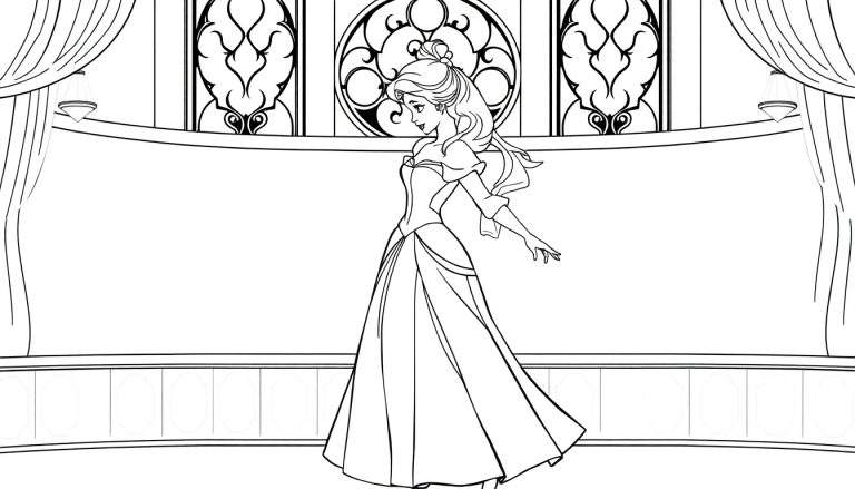 Princesa Cinderela em seu vestido mágico com abóbora encantada, em um desenho para colorir.