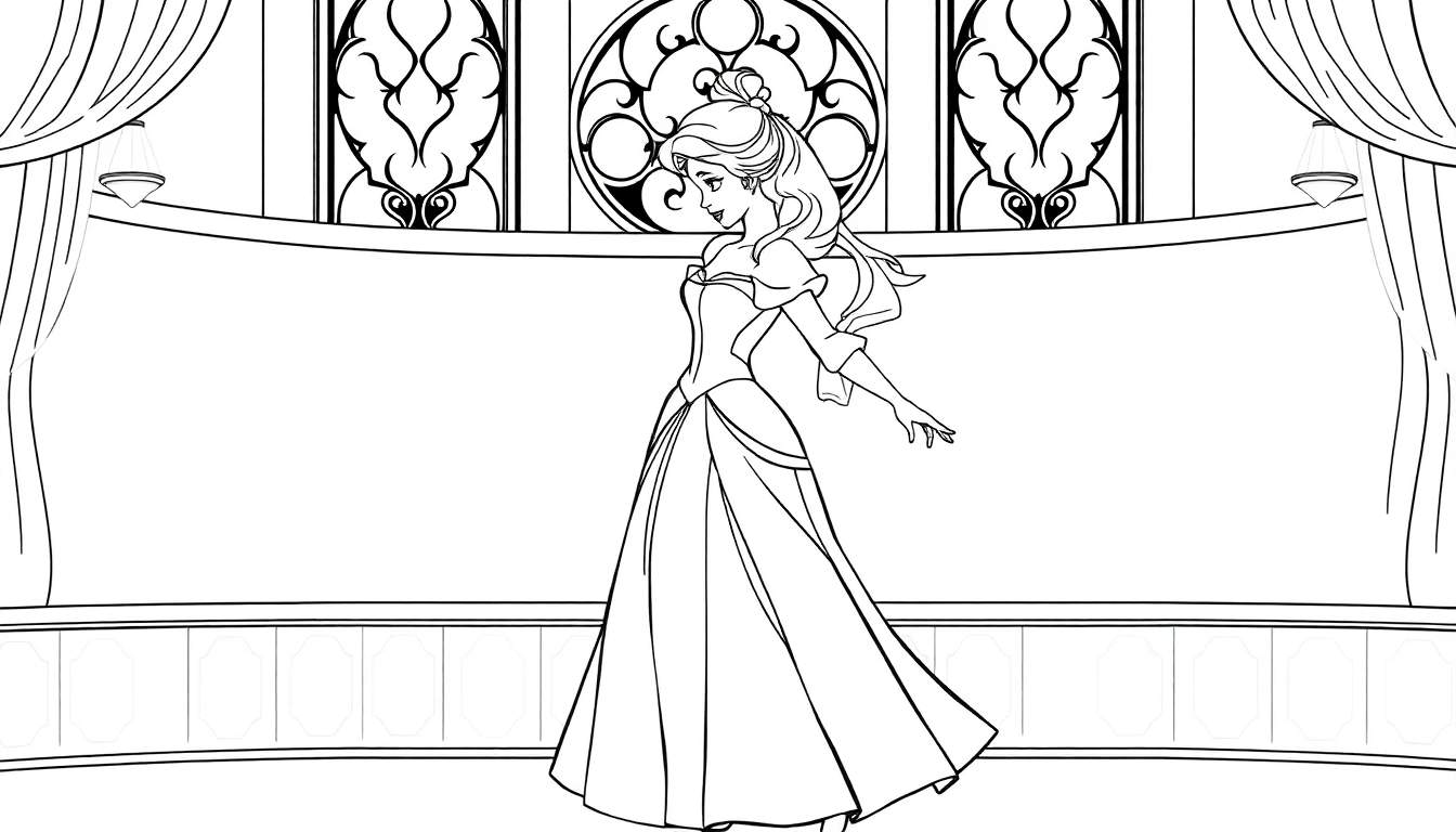 Princesa Cinderela em seu vestido mágico com abóbora encantada, em um desenho para colorir.