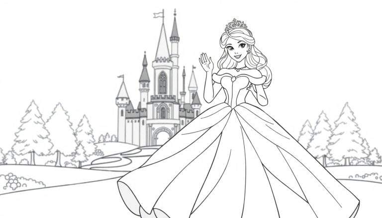 Uma princesa de conto de fadas elegante num grande vestido de baile esvoaçante, em frente a um castelo mágico, sorriso amigável, linhas claras, pintura para colorir.