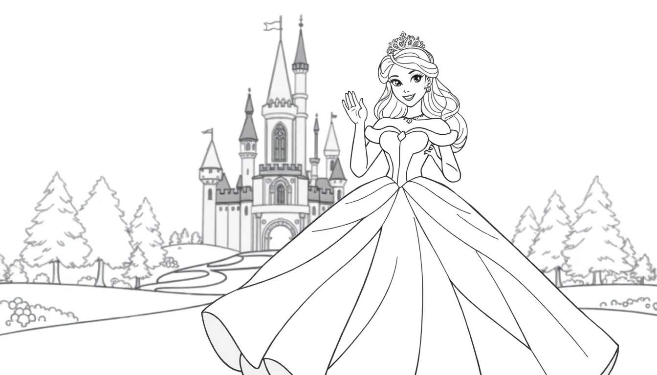 Uma princesa de conto de fadas elegante num grande vestido de baile esvoaçante, em frente a um castelo mágico, sorriso amigável, linhas claras, pintura para colorir.