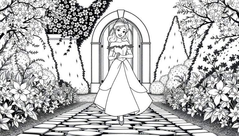 Ilustração em preto e branco de uma princesa sorridente com um vestido comprido e uma tiara, de pé num jardim florido.