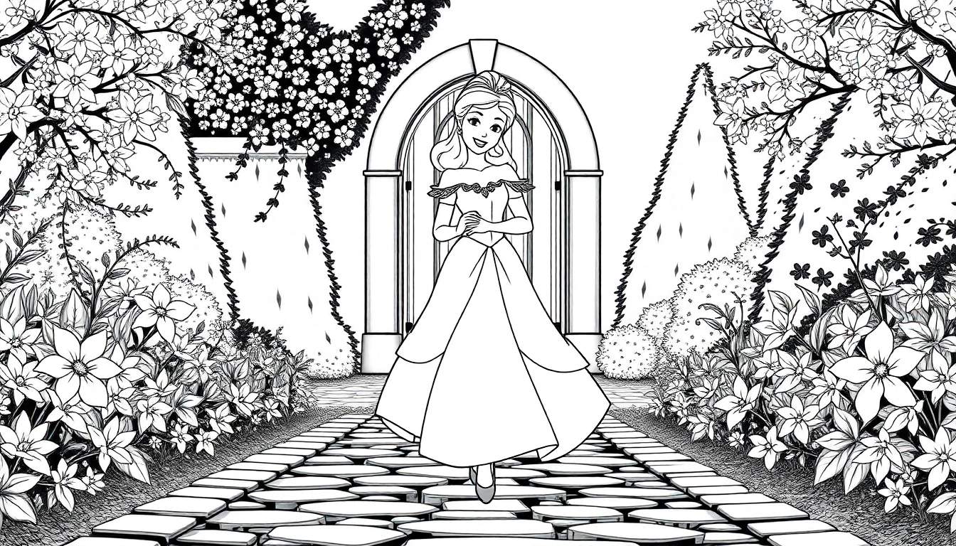 Ilustração em preto e branco de uma princesa sorridente com um vestido comprido e uma tiara, de pé num jardim florido.