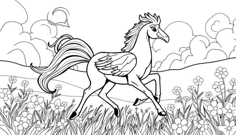 Um Pégaso a galopar num campo florido, pronto para ser colorido num color panel.