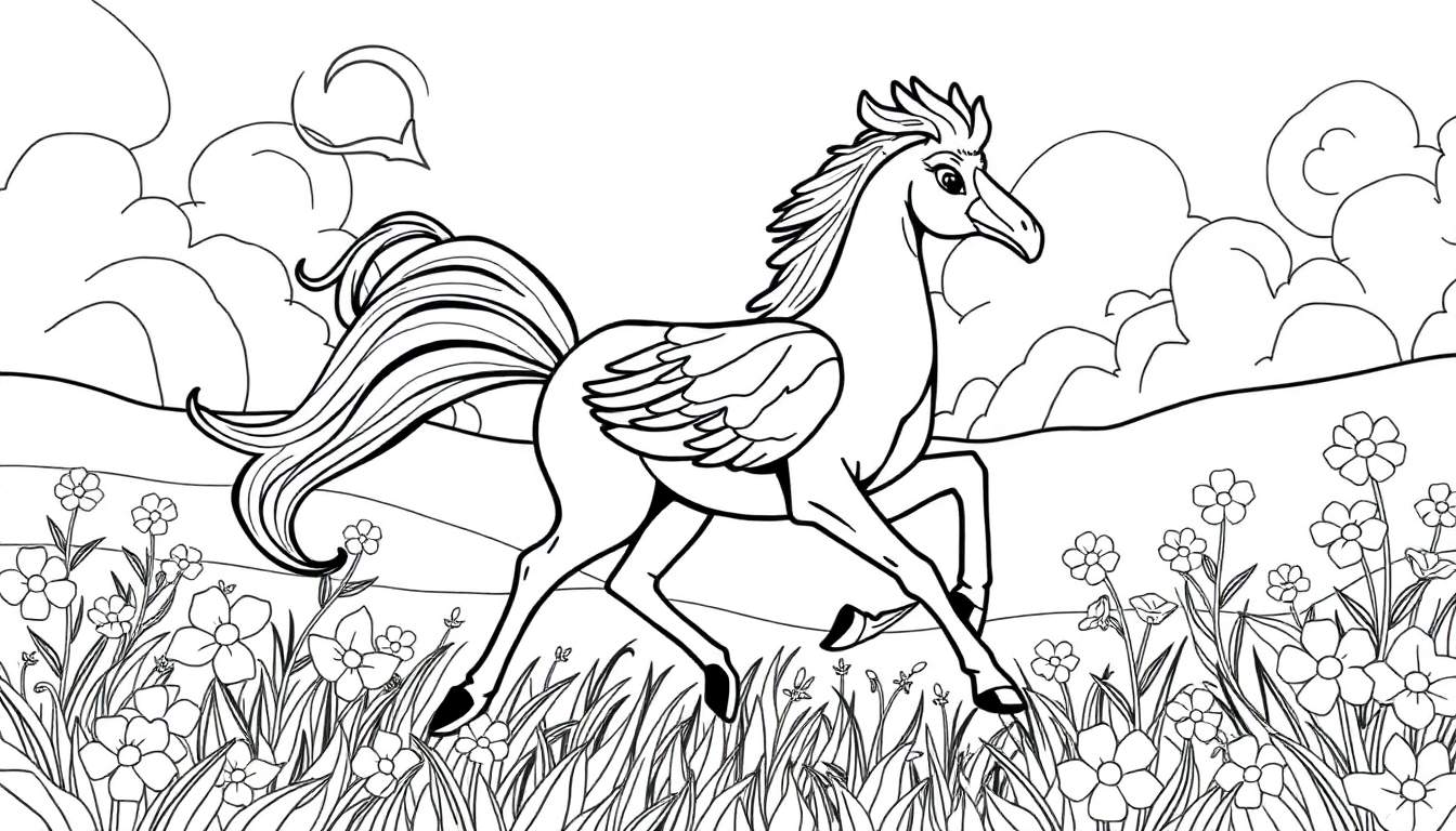 Um Pégaso a galopar num campo florido, pronto para ser colorido num color panel.