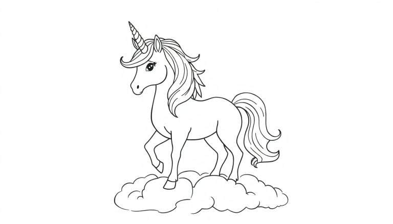 Página para colorir de um unicórnio com crina de arco-íris e chifre brilhante, numa nuvem, rodeado por estrelas.