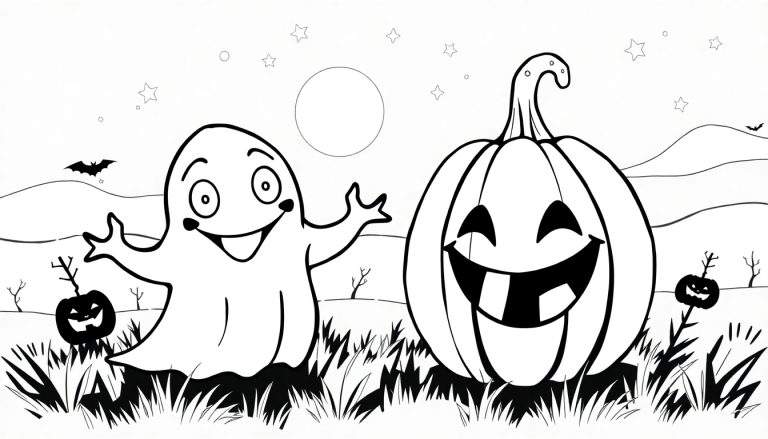 Um desenho em preto e branco de um fantasma simpático e uma abóbora sorridente em um campo com duas abóboras menores ao fundo e um céu noturno com lua e morcego, estilo página para colorir.