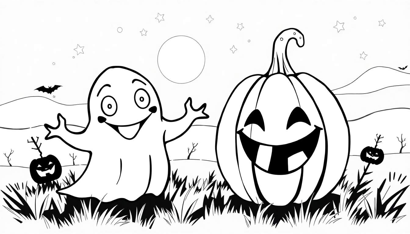 Um desenho em preto e branco de um fantasma simpático e uma abóbora sorridente em um campo com duas abóboras menores ao fundo e um céu noturno com lua e morcego, estilo página para colorir.