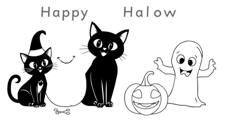 Ilustração em preto e branco de Halloween com gato, abóbora e fantasma. Inclui 'Happy Halow' no topo e tesouras.