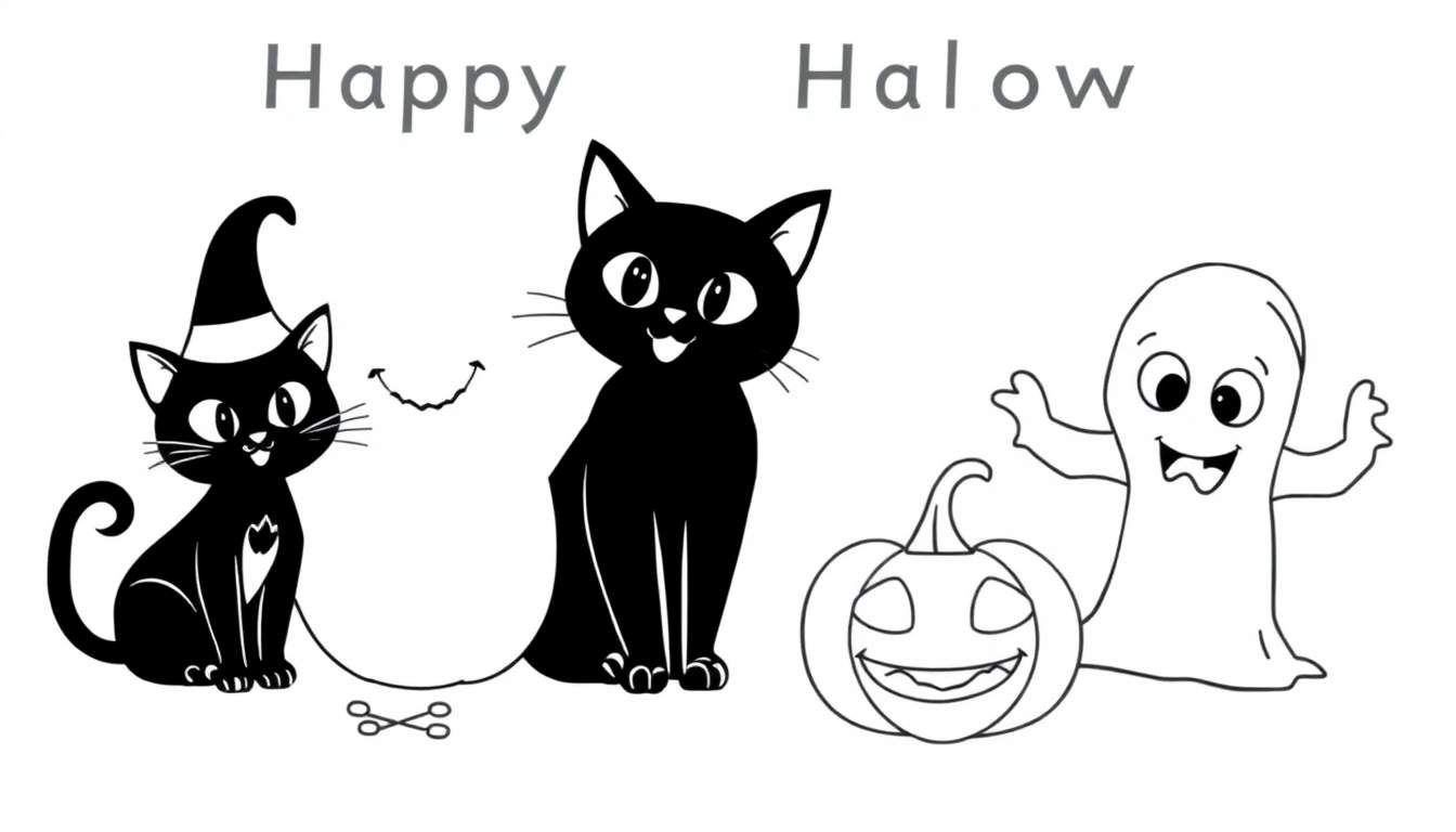 Ilustração em preto e branco de Halloween com gato, abóbora e fantasma. Inclui 'Happy Halow' no topo e tesouras.