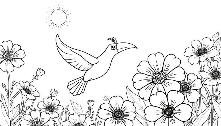 Um pássaro feliz voando sobre flores coloridas em um dia de sol, pronto para colorir.