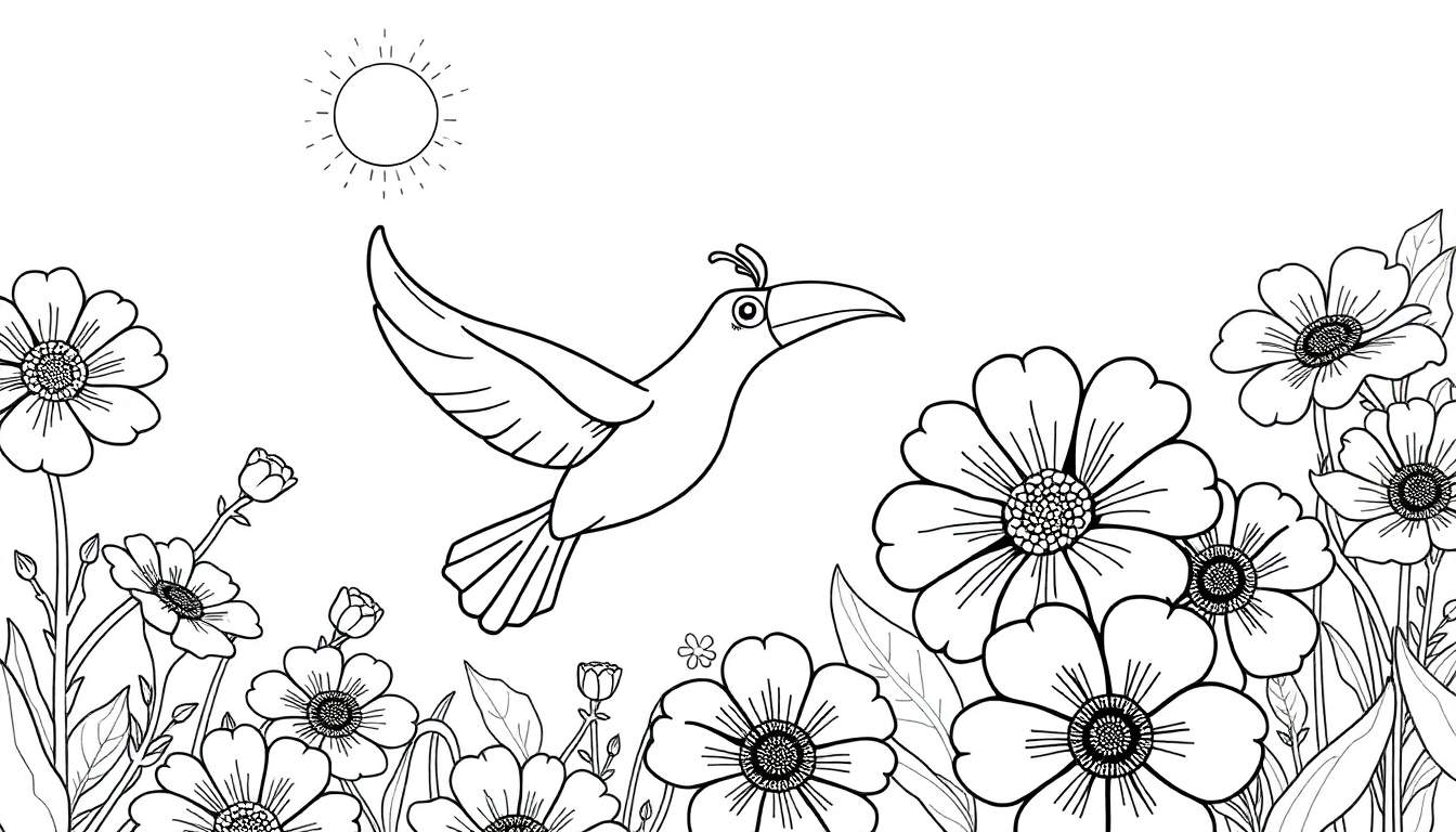 Um pássaro feliz voando sobre flores coloridas em um dia de sol, pronto para colorir.