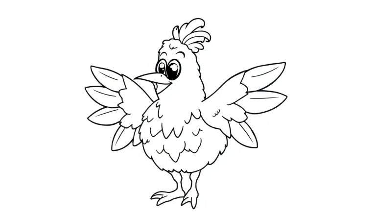 Um pássaro de desenho animado em preto e branco com olhos grandes e um tufo na cabeça, pronto para colorir em um painel de cores.