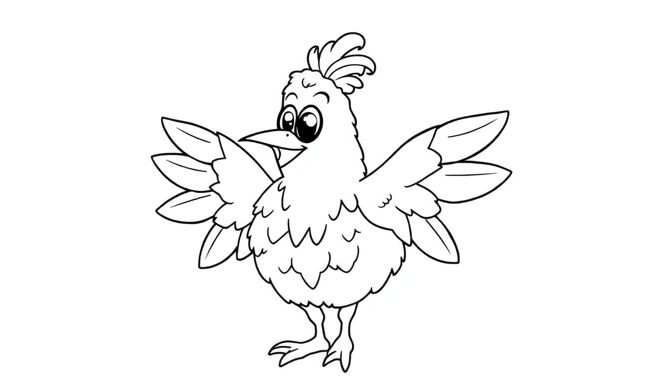 Um pássaro de desenho animado em preto e branco com olhos grandes e um tufo na cabeça, pronto para colorir em um painel de cores.