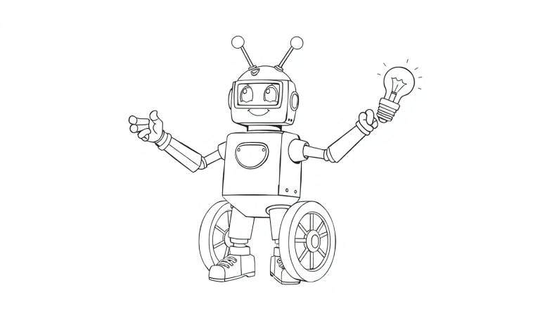 Robô de desenho animado preto e branco com braços abertos, segurando uma lâmpada acesa, com rodas e antenas, em estilo color panel.