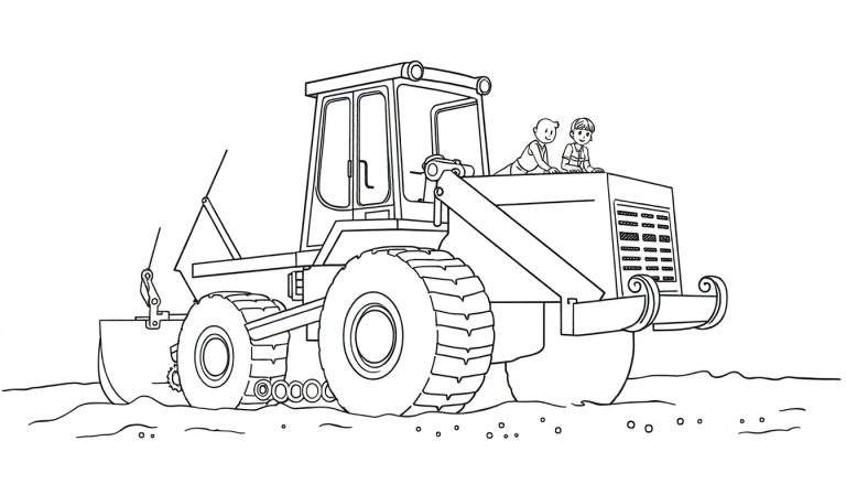 Um rolo compressor de estrada em estilo cartoon com duas crianças sentadas na frente, pronto para ser colorido em um color panel.